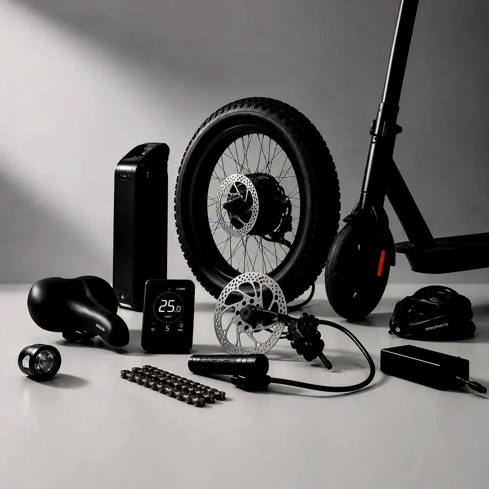 Helles Studiofoto mit Fatbike-Laufrad, Akku, Display und E-Scooter